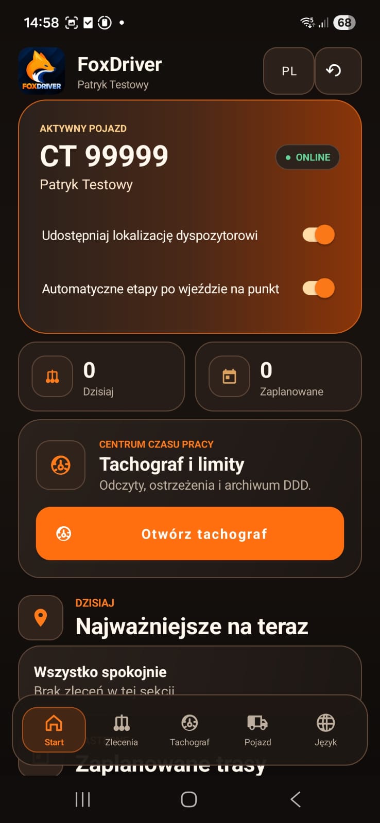 Ekran startowy aplikacji FoxDriver