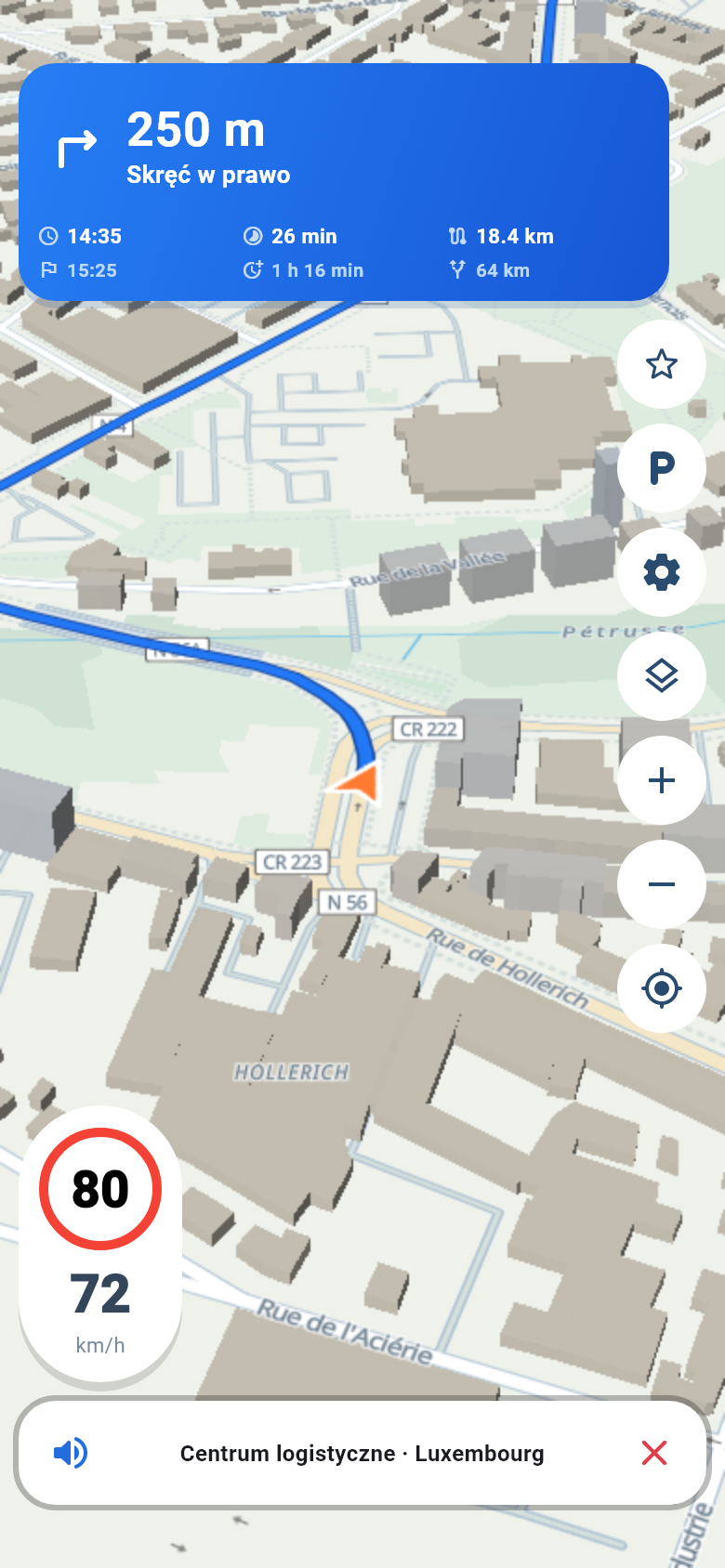 FoxNavigation: trasa, wskazówki głosowe, czasy dojazdu i limit prędkości na przykładowej mapie Luksemburga