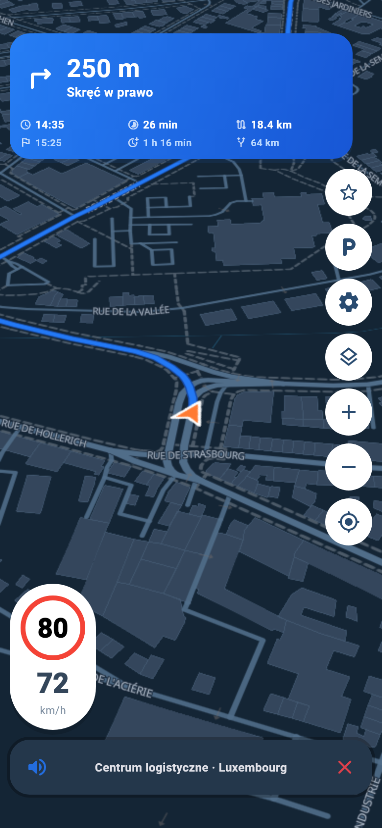 FoxNavigation w trybie nocnym na danych demonstracyjnych